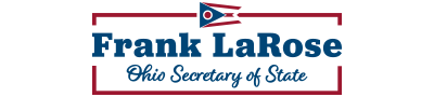 Image is logo with Frank LaRose’s name in bold letters with Ohio Secretary of State written directly beneath and the seal of the Secretary of State of Ohio directly to the right.